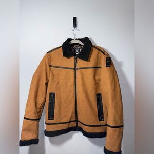 Fried Denim Faux Leather Bomber Jacket Dark Tan & Black Sz Large NWT